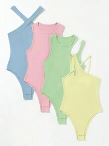 Chiquease 4pcs Solid Ribbed Knit Bodysuit - Multicolor - View 3