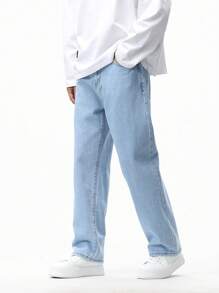 Chillumni Loose Fit Nam Túi Nghiêng Chân Thẳng Quần Jean Baggy Dài Giặt Nhẹ Jean Hàng Hóa Trơn Xanh Dự Tiệc Thông Thường Áo Sơ Mi bố Và Tôi - Rửa nhẹ - Xem 5