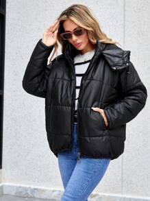 EURMUSE Drop Shoulder Drawstring Hem Zipper Hooded Puffer Coat - Black - View 5