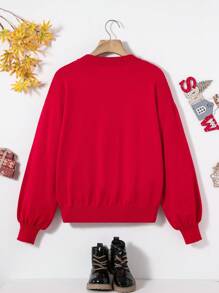 Thiếu niên cô gái Họa tiết Giáng sinh bất kỳ mẫu nào Thả vai Áo len - Đỏ - Xem 2