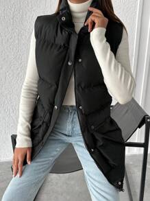 EURMUSE Abrigo tipo chaleco acolchado con bolsillo con solapa - Negro - Ver 3