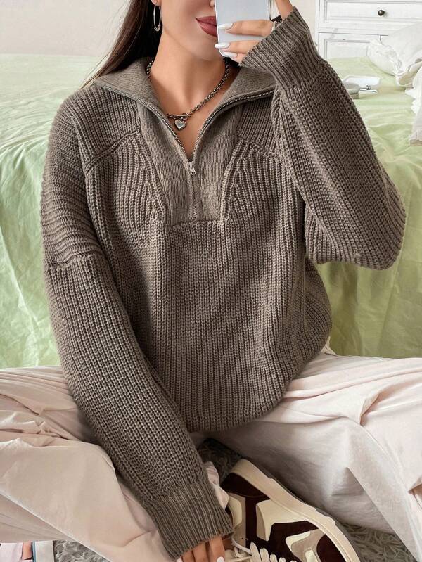 Flirla Plus Quarter Zip Raglan Sleeve Sweater