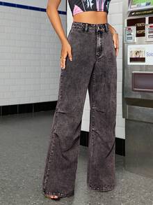 SHEIN ICON quần ống rộng Quần jean - Rửa tối - Xem 5