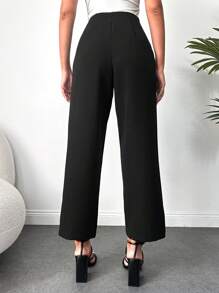 EURMUSE Solid Slant Pocket Straight Leg Pants Without Belt - Black - View 2