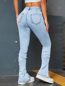 SHEIN ICON 高腰側收褶牛仔喇叭褲 - 淺色水洗藍 - 查看 2