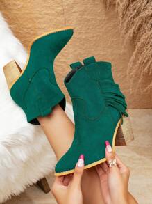 Styleloop Women's Pointed Toe Fringed Chunky Heel Ankle Boots - Army Green - View 1