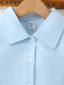 SHEIN 女大童拼接網眼刺繡荷葉邊荷葉袖襯衫 - 藍色 - 查看 4