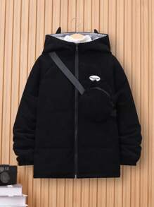 SHEIN Tween Boy Zip Up Patch Detail Hooded Padded Coat Without Sweater - Black - View 3