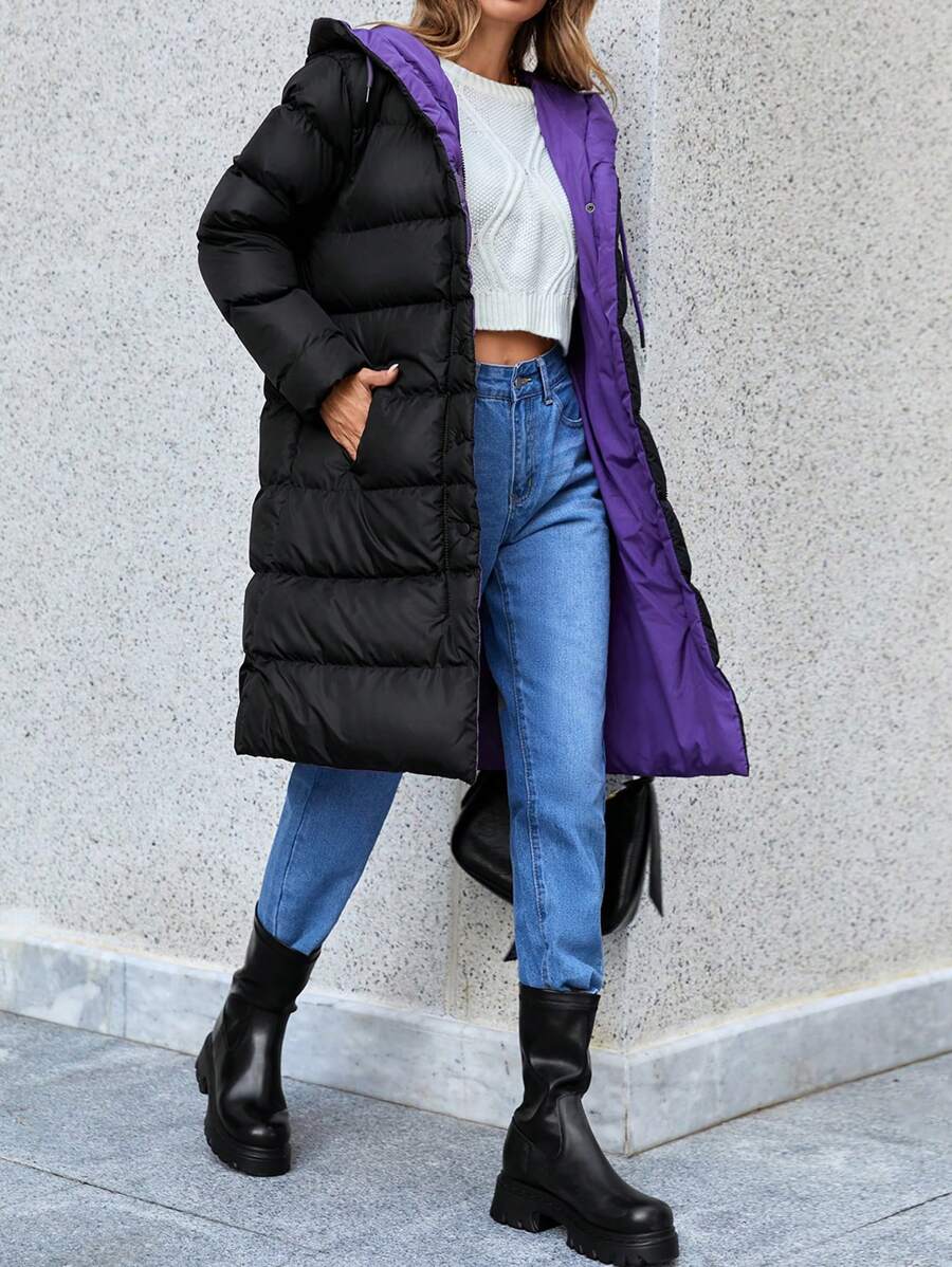 SHEIN Cottnline Two Tone Zip Up Hooded Puffer Coat - Black - View 1