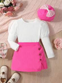 SHEIN 女小童網紗拼接羊腿袖T恤&裙裤&帽 - 彩色 - 查看 1