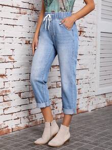 SHEIN LUNE Roll Up Hem Drawstring Waist Carrot Jeans - Blue - View 4