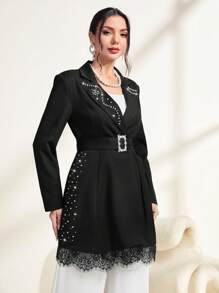 Modelyn Rhinestone Detail Eyelash Lace Trim Belted Blazer - Black - View 3