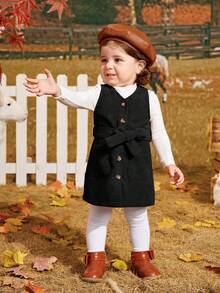 SHEIN Đứa bé gái Nút phía trước Thắt lưng Vải to sợi Áo vest Đầm Không có áo len - màu đen - Xem 3