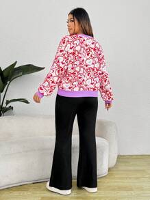 SHEIN EZwear Plus Heart Print Drop Shoulder Sweatshirt & Pants - Hot Pink - View 4