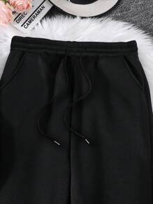 INAWLY Plus Solid Thermal Lined Sweatshirt & Drawstring Waist Sweatpants - Black - View 3