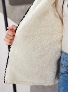 SHEIN 女大童拉鏈開襟加絨內裏連帽絎縫外套 - 黑色 - 查看 3