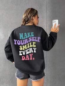 EURMUSE Slogan Graphic Drop Shoulder Sweatshirt - Black - View 5