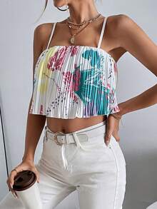 SHEIN Essnce 圖案印花百褶吊帶上衣 - 彩色 - 查看 5