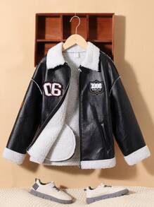 SHEIN Tween Boy Letter Patched Detail Teddy Lined PU Leather Coat,In Fall/Winter - Black - View 7