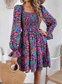SHEIN VCAY Allover Floral Print Flare Sleeve Ruffle Hem Dress - Multicolor - View 6