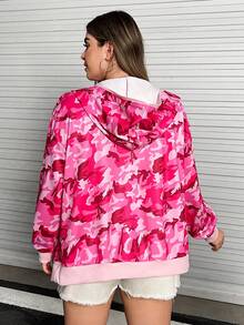 Flirla 加大码迷彩印花拉链卫衣 - 粉色 - 查看 2