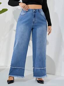 SHEIN Privé Cộng với quần jean ống rộng cắt thô cạp cao - Rửa trung bình - Xem 6