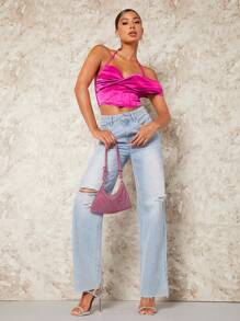 SHEIN BAE Twist Front Tie Backless Crop Top - Hot Pink - View 4