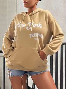 SHEIN SXY Letter Graphic Kangaroo Pocket Drop Shoulder Drawstring Hoodie - Khaki - View 1