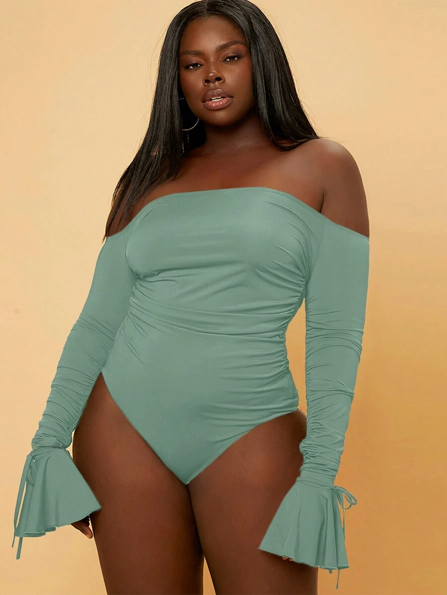 Slaydiva 大碼一字肩喇叭袖褶邊連體衣 - 綠色 - 查看 1