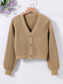 SHEIN Girls' (big) Mustard Yellow V-neck Long Sleeve Cardigan With Button Placket - Khaki - View 1