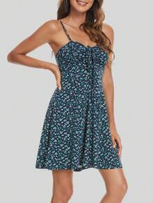 小碎花正面花卉抽繩吊帶洋裝 - 綠色 - 查看 3