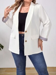 SHEIN Privé Plus Striped Print Shawl Collar Blazer - White - View 5