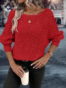 SHEIN Clasi Boat Neck Batwing Sleeve Sweater - Red - View 4