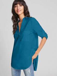 SHEIN LUNE 捲起袖弧形下擺長款襯衫 - 藍色 - 查看 4