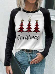 SHEIN LUNE 聖誕圖案插肩袖T恤 - 黑與白 - 查看 4