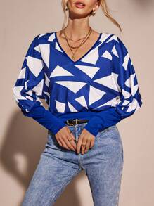 SHEIN LUNE بلوزة بأكمام خفافيش مطبوعة بنمط هندسي، بلوزة رياضية للخريف - ازرق وابيض - مشاهدة 5