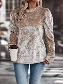 SHEIN LUNE Mock Neck Puff Sleeve Tee - Champagne - View 6