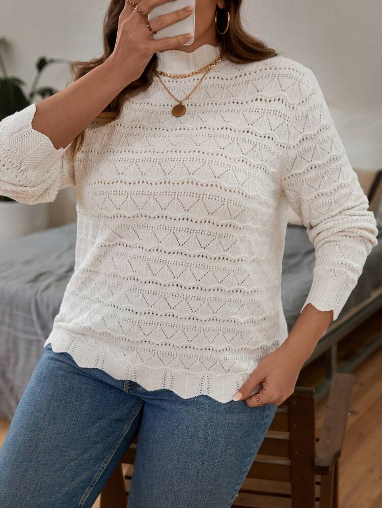 Plus Pointelle Knit Scallop Trim Sweater