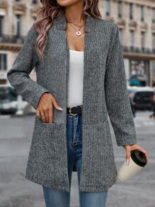 SHEIN LUNE 雙口袋開門襟花呢外套 - 深灰色 - 查看 5