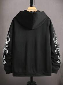 Manfinity Homme 男士大码字母圖案拉鏈開襟抽繩連帽衫 - 黑色 - 查看 2