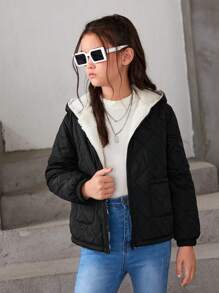 SHEIN 女大童拉鏈開襟加絨內裏連帽絎縫外套 - 黑色 - 查看 4