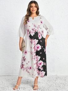 SHEIN Clasi 大码花卉印花锁孔领口连衣裙