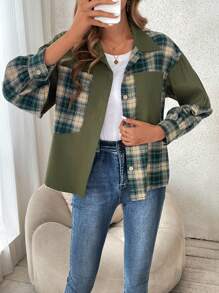 Breezaya Plaid Print Drop Shoulder Jacket - Army Green - View 3