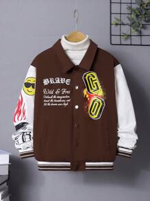SHEIN Cậu bé Tween Đồ họa Khẩu hiệu Lót nhiệt Áo khoác Không có áo len - Lạc đà - Xem 5