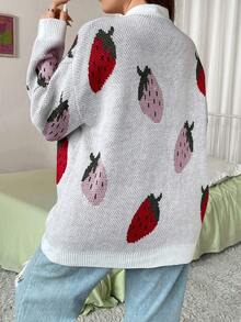 SHEIN Qutie 大碼草莓圖案落肩袖開襟開衫 - 紅白色 - 查看 2