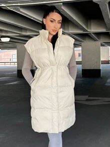SHEIN SXY 素色腰部抽繩羽絨背心大衣 - 米色 - 查看 1