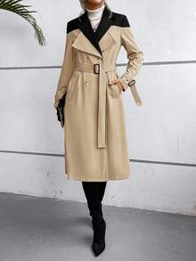 SHEIN LUNE Two Tone Double Breasted Belted Trench Coat - Apricot - View 6
