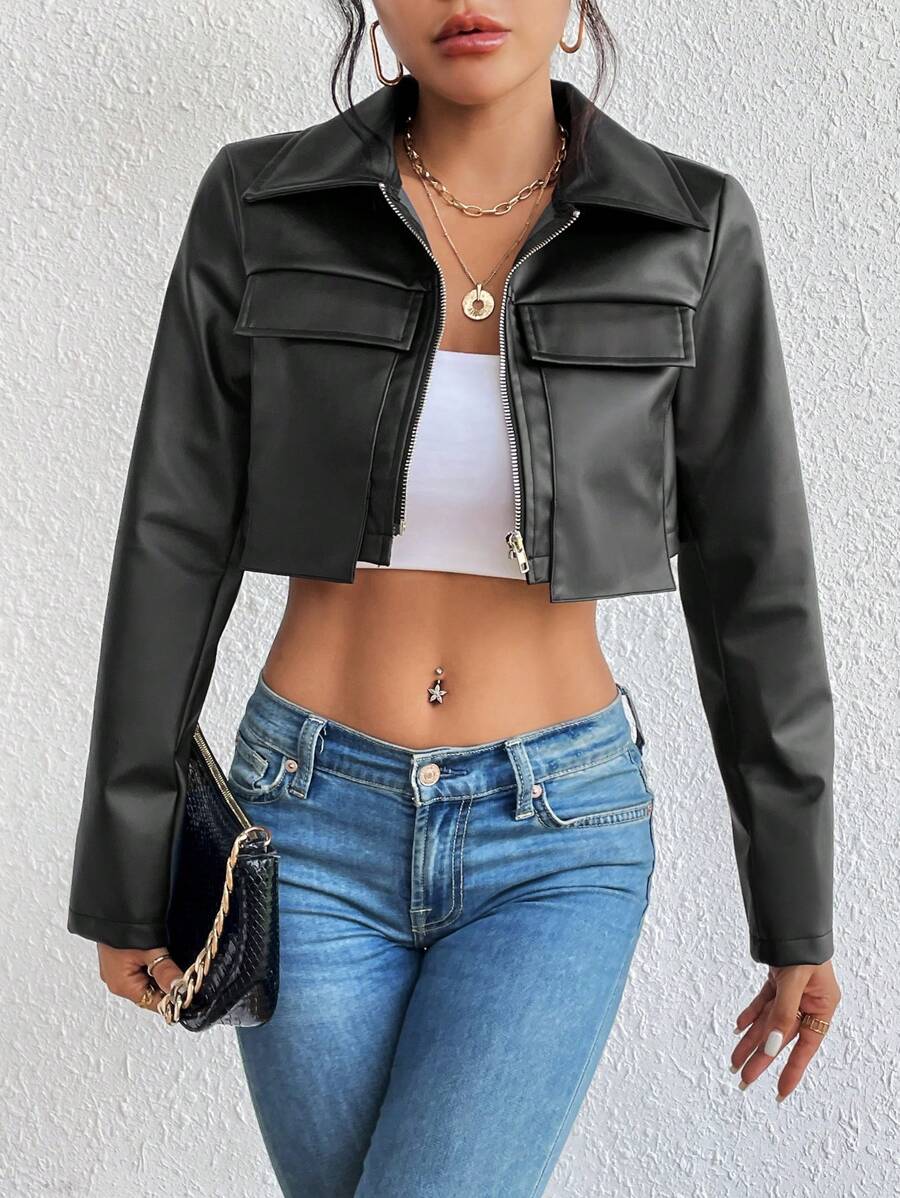 Chiquease Flap Detail Crop PU Leather Jacket Fall Winter Cloth For Women - Black - View 1