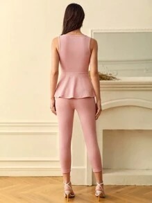 SHEIN Clasi Chất rắn Áo gi lê Ruffle viền & Xà cạp - Hồng - Xem 2