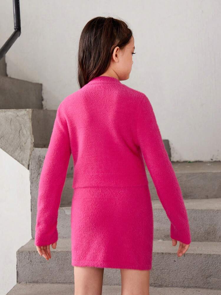 Tween Girl Mock Neck Fuzzy Crop Sweater & Knit Skirt